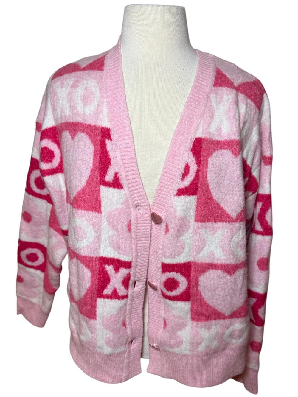 Pink Heart XO Pattern Button-Front Women's Sweater Cardigan-Size L